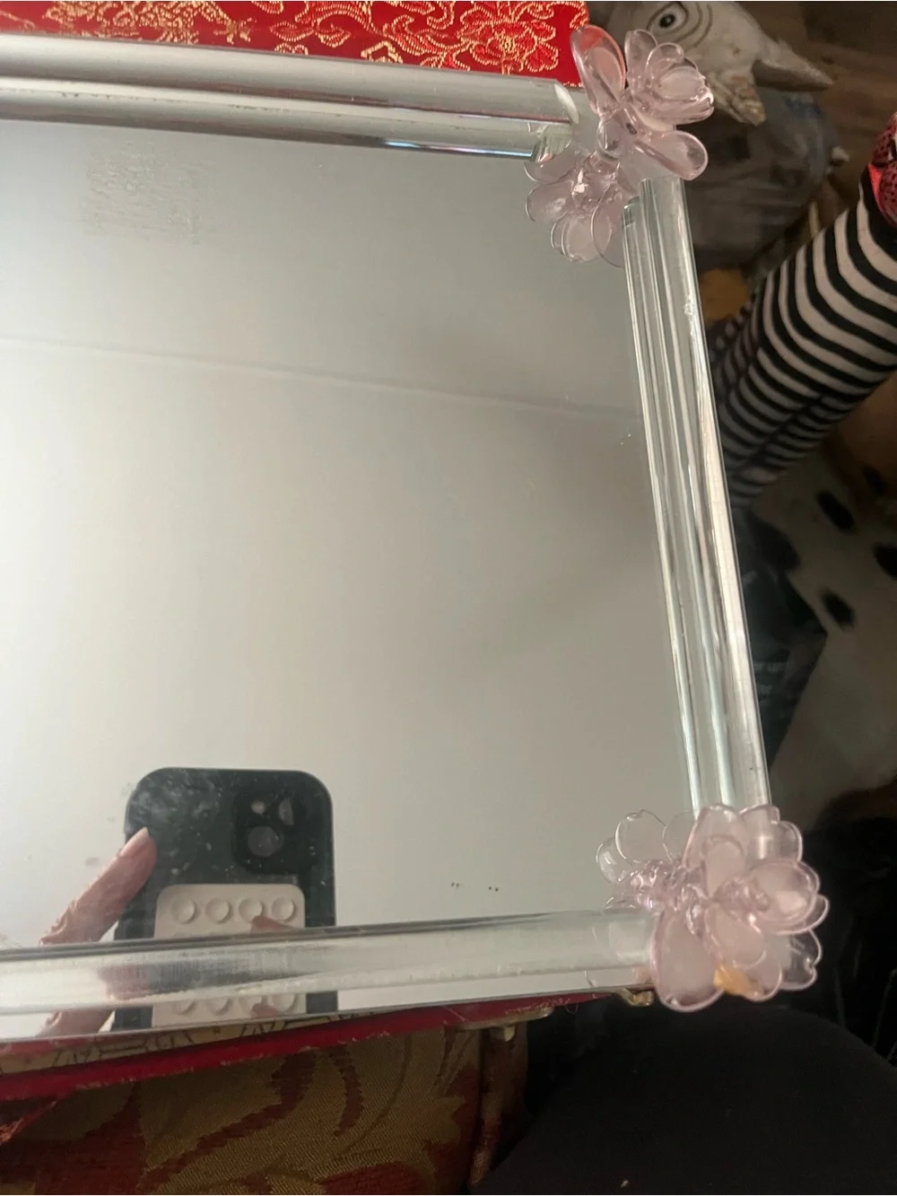 Decorative Glass Floral Corner Vanity Tray - Clear Pink